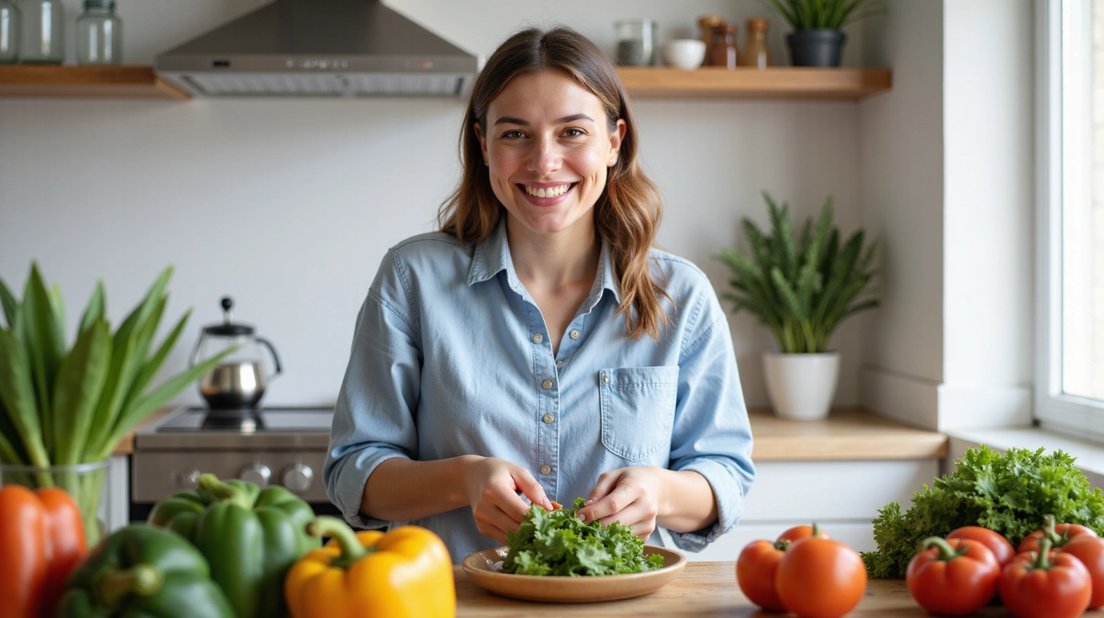 Jeune femme souriante préparant un repas sain avec des légumes frais dans une cuisine lumineuse