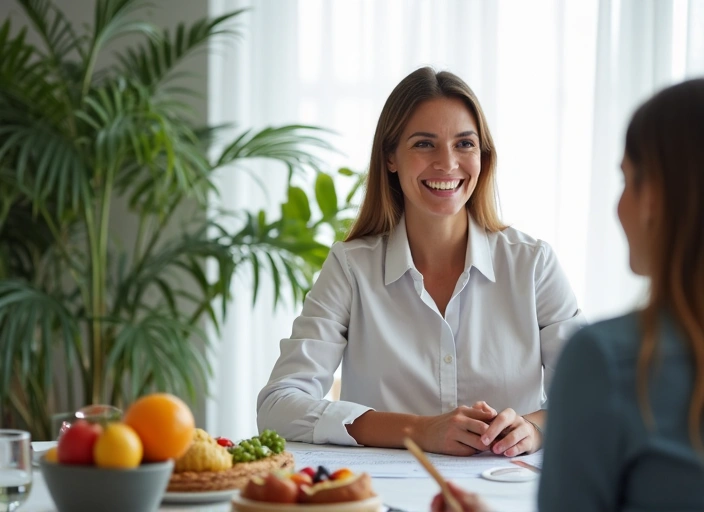 Nutritionniste souriante expliquant un plan alimentaire à un client dans un bureau moderne et lumineux