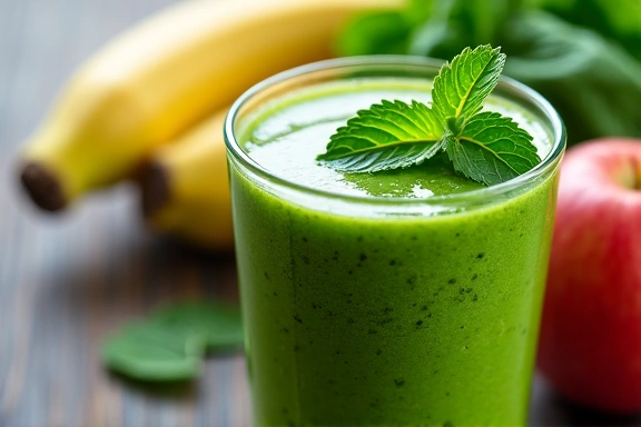Un smoothie vert frais et nutritif dans un verre, avec des fruits et légumes en fond