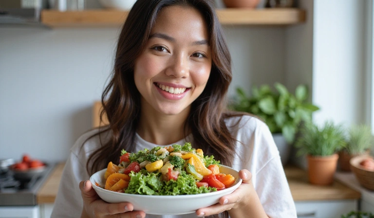 Une femme souriante mangeant une salade fraîche