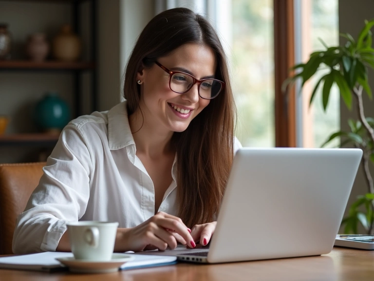 Une femme souriante utilisant un ordinateur portable pour une consultation en ligne, symbolisant la flexibilité et l'accessibilité.