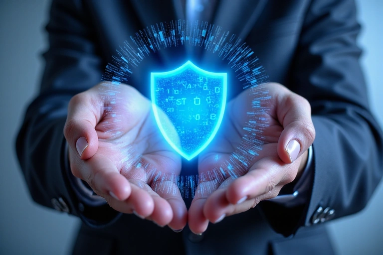 Illustration d'une personne protégeant ses données personnelles avec un bouclier numérique