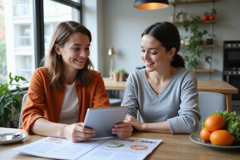 Nutritionniste expliquant un plan alimentaire personnalisé à un client souriant